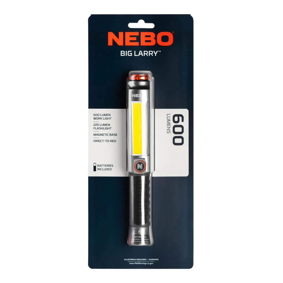 NEBO Big Larry 3 - Torche de 600 lumens avec lampe de travail COB - Base magnétique pour l'éclairage mains-libres - Gris acier