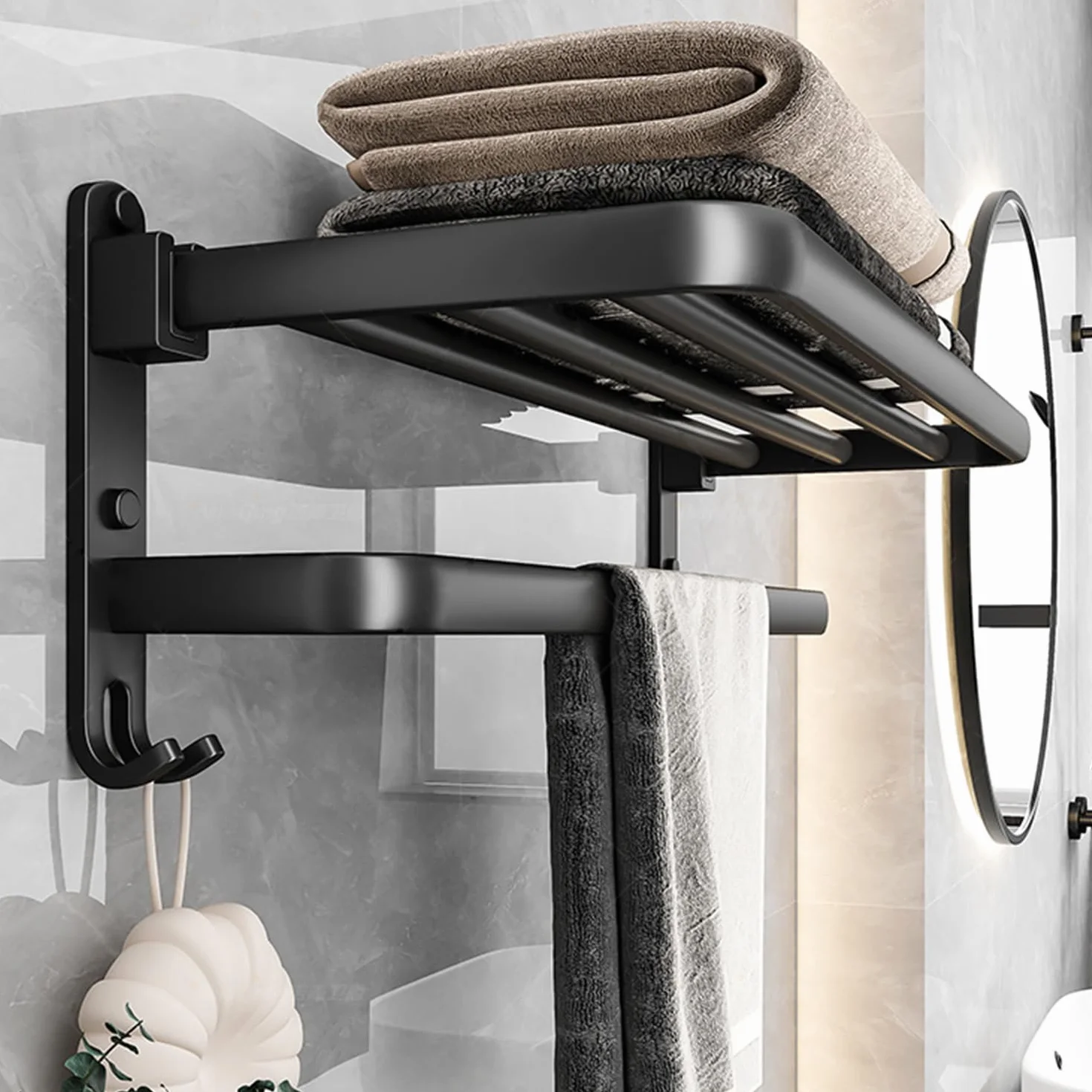 Porte Serviette Salle de Bain, Porte Serviette Murale, Porte Serviette sur Pied Accessoire Salle de Bain, Porte Serviette Salle de Bain sans Percage, Seche Serviette Porte-Serviettes Noir