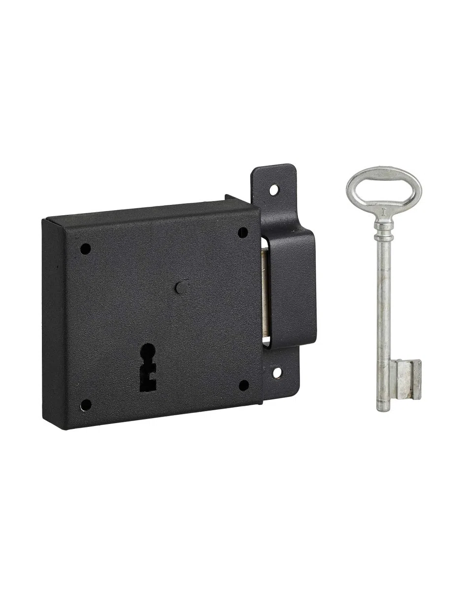 THIRARD - Serrure horizontale en applique à clé pour porte de cave, pêne seul, droite, axe 50mm, 85x76mm, noir, 1 clé