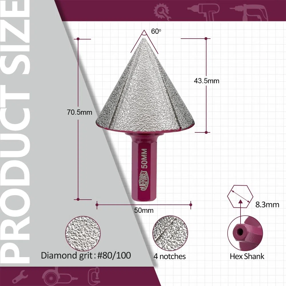 Mèches de Chanfrein Diamant 50mm - Fraise pour Meuler Arrondir Tailler les Trous dans le Carrelage Céramique Porcelaine Marbre Granit, Tige Hexagonale