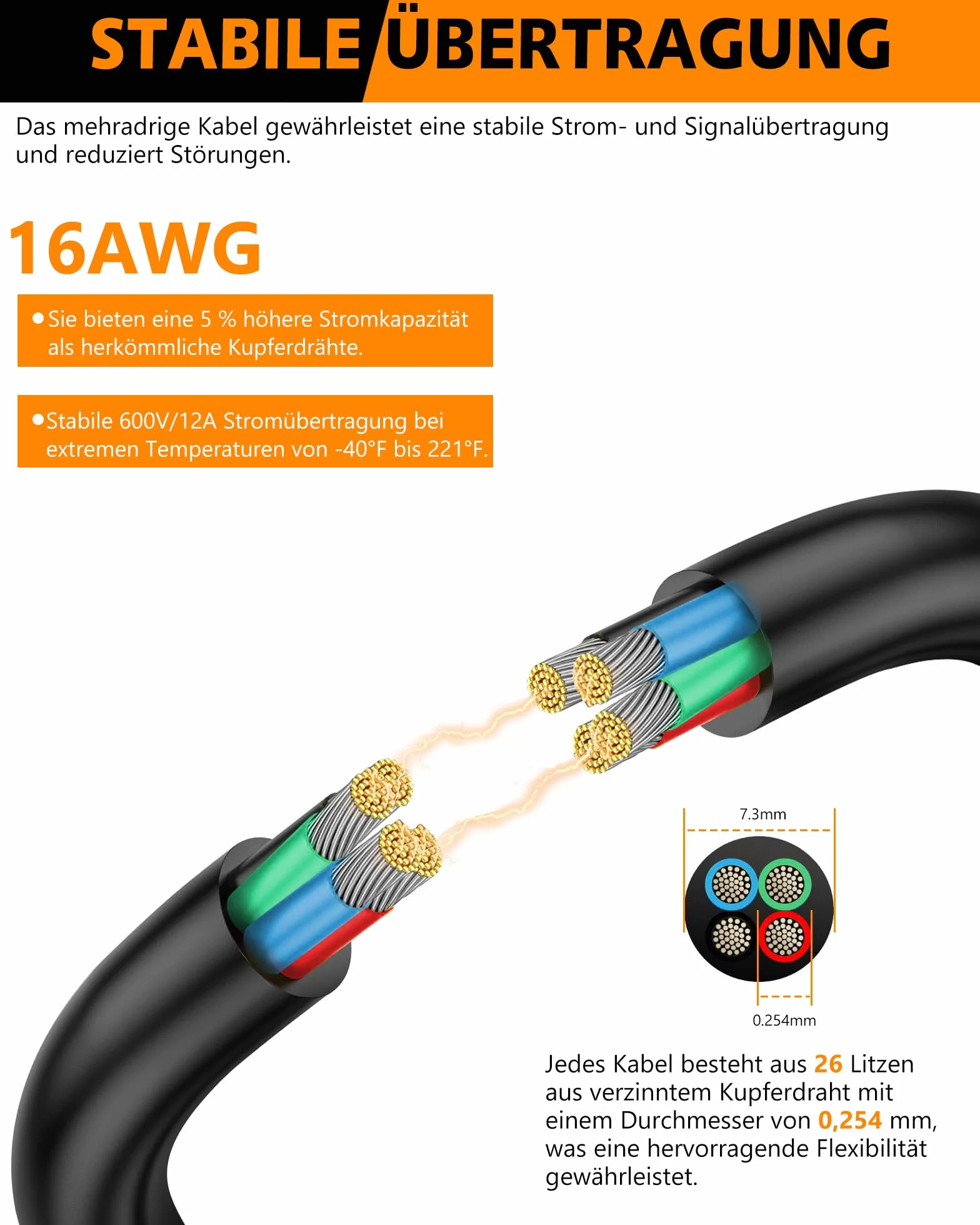 Câble d'Extension 8 Mètres 16 AWG 4x1,5mm² | Fil Cuivre Étamé Multibrins Sans Oxygène UL2464 | Tension 5V/12V/24V/300V | Pour Éclairage LED, Projets Auto et Bateau
