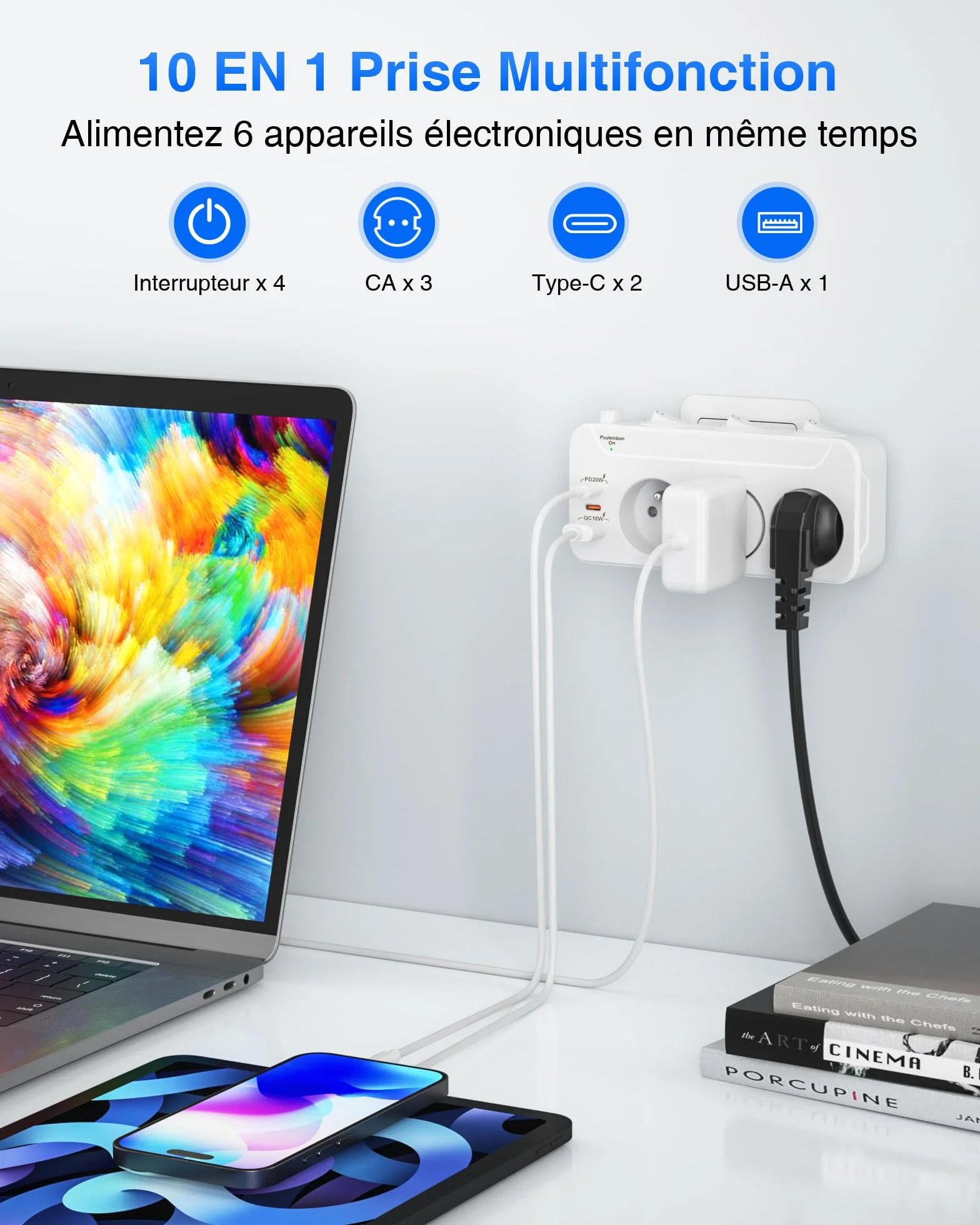 Prise Multiple USB C,Multiprise Murale 3 Prises Française avec Charge PD20W | Multiprise Parafoudre et Surtension,Interrupteur Individuel,Triplite Electrique Prise Rotative Horizontale et Verticale,Blanc
