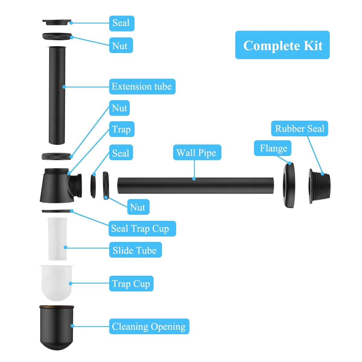 Laiton Siphon de Lavabo, Keymark Universel Syphon avec 200mm Tube Plongeur, 1 1/4 x 32mm Réglable Sifon Anti Odeur Anti-fuite, Noir