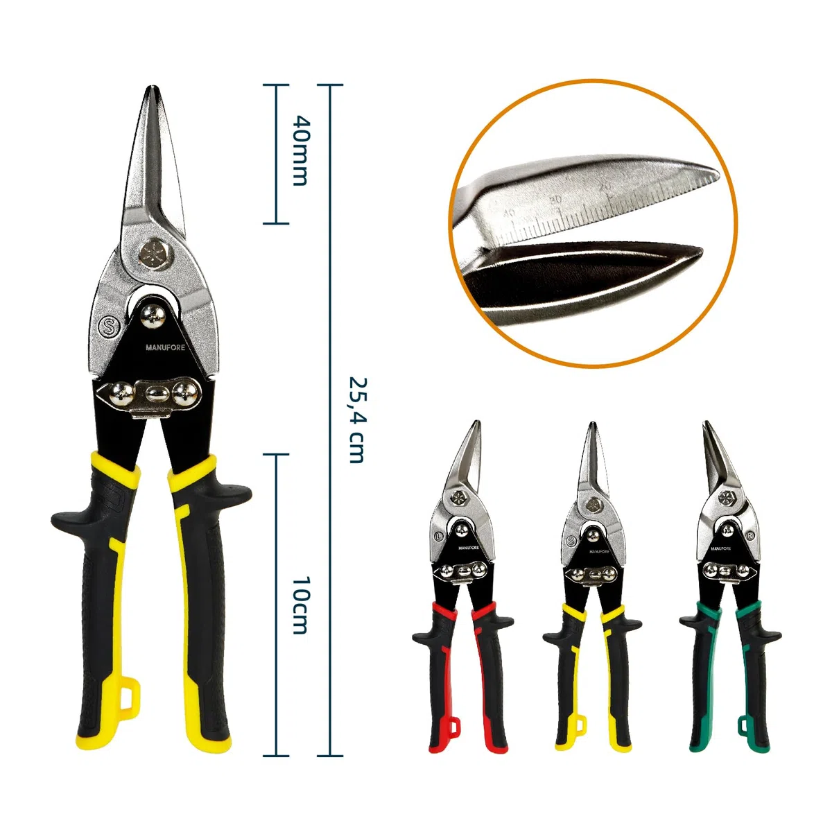 MANUFORE Cisaille Aviation 10 Pouces Set 3 Pièces, Coupe Gauche, Droite & Droite, Acier Chrome Vanadium CR-V pour Découpe de Tôle et Métal