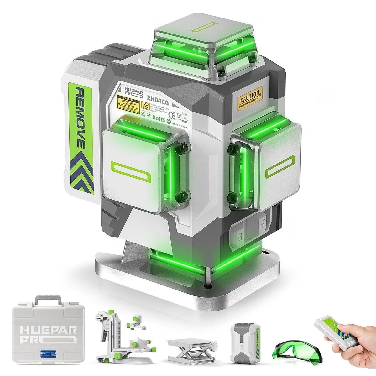 Huepar Pro Niveau Laser Auto-Nivellement 4D Vert Haute Précision - 4 * 360 Avec Batterie Lithium-Ion 8000 mAh, Support Multifonctionnel et Étui Rigide ZK04CG