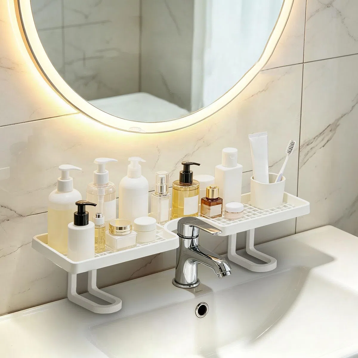 Étagère au-Dessus du Robinet Salle de Bain - sans Perçage 50 Cm Forme en U Drainage Rapide,Étagère au-Dessus du lavabo pour Salle de Bain - brosses à Dents, cosmétiques, shampoings,