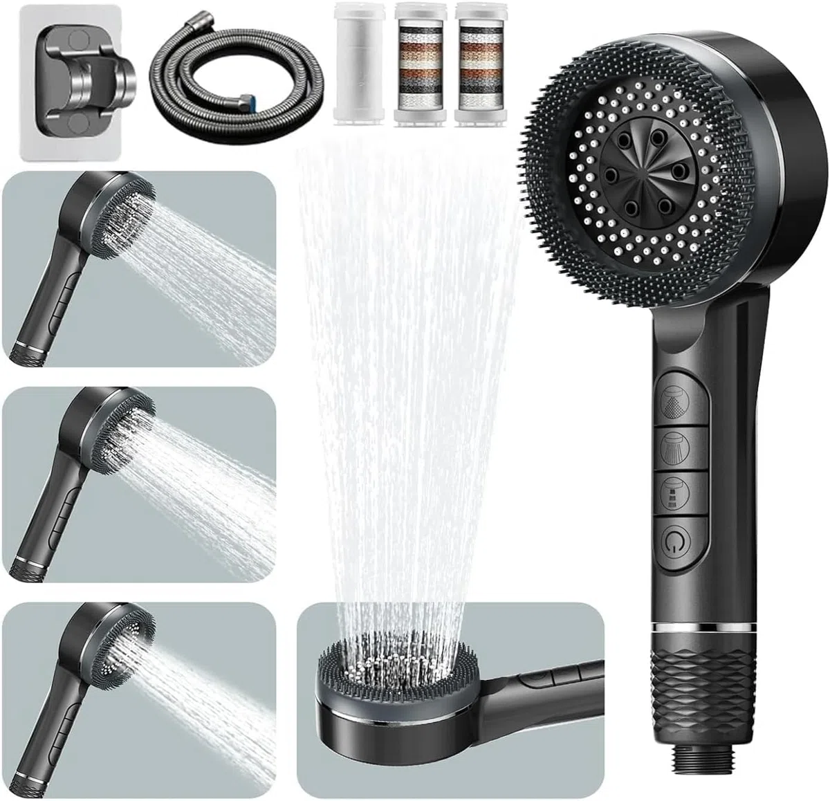Pommeau de Douche Haute Pression,Pommeau de Douche Anti Calcaire Filtrant - Douchette Shower Jet 3+1 Modes avec Bouton Pause, Économie d'Eau,Douche Tuyau 1.5M Avec 3 filtres et support mural