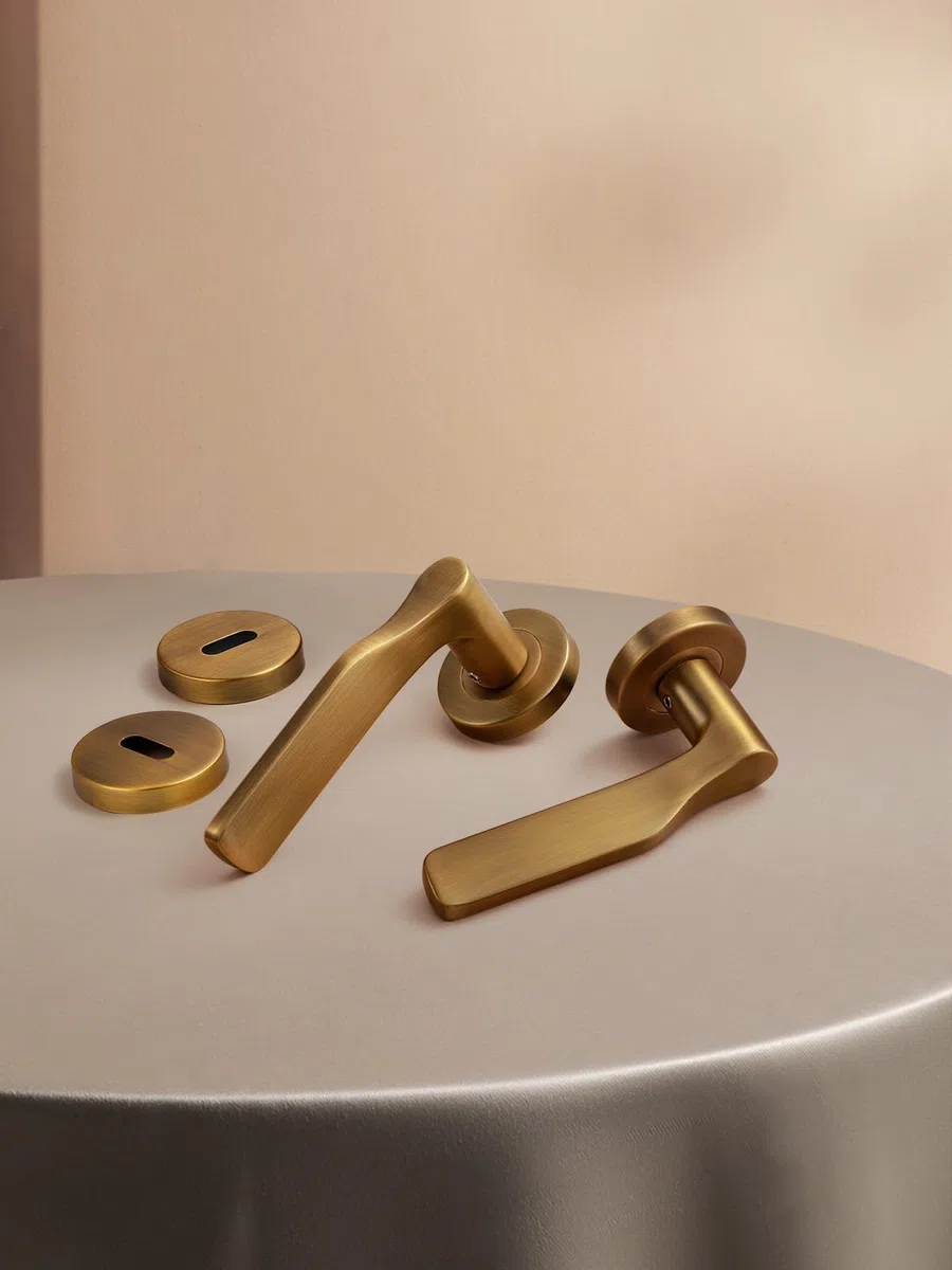 Poignée de porte en laiton antique,garniture de poignée,acier inoxydable brossé mat,ensemble de poignées pour porte d'entrée et porte intérieure,forme en L, rosace ronde,WC