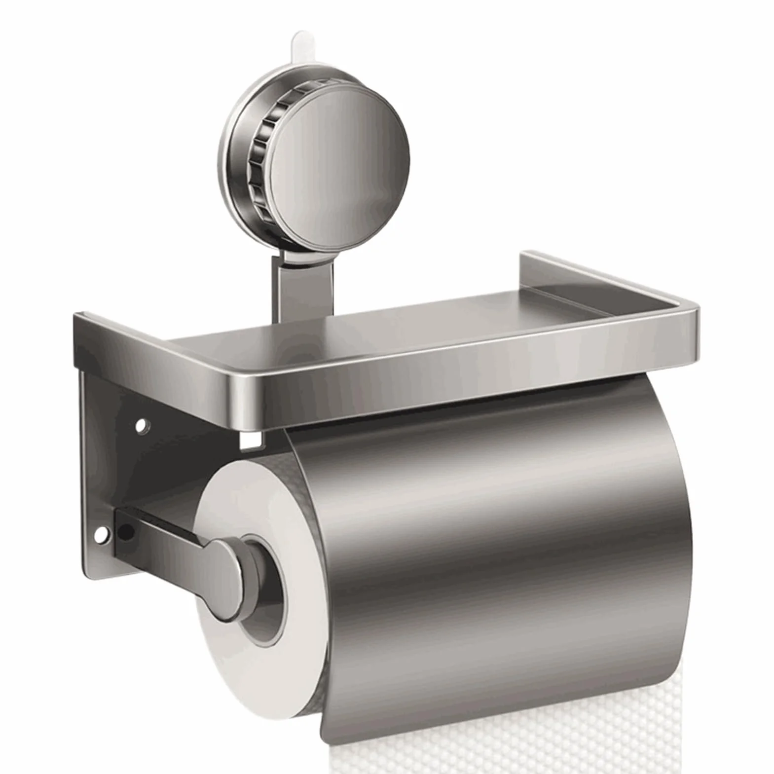 Porte-Rouleau de Papier Toilette avec étagère - en Acier Inoxydable - sans perçage - avec Ventouse - Chrome Poli - Gris