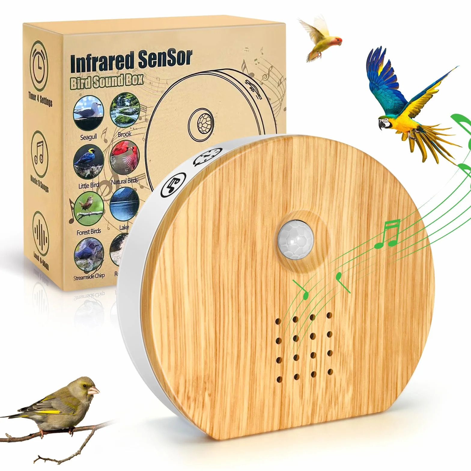 Boîte détecteur de Mouvement avec Chant d'oiseaux, Rodukee Boîte Soundbox Oiseau avec Minuterie, 9 Naturels Birdsongs, Murmure de Ruisseau, Source Forestière, Boîte à Musique Relaxante et Détente