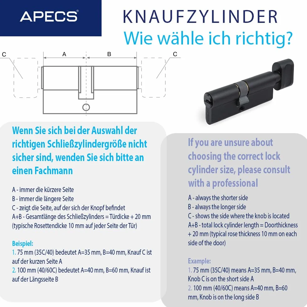 Cylindre de serrure à bouton noir APECS avec bouton - 80 (35/45 C) mm, pour serrure de porte d'entrée, avec 5 clés, modèle SM-80(35/45C)-C-BLM