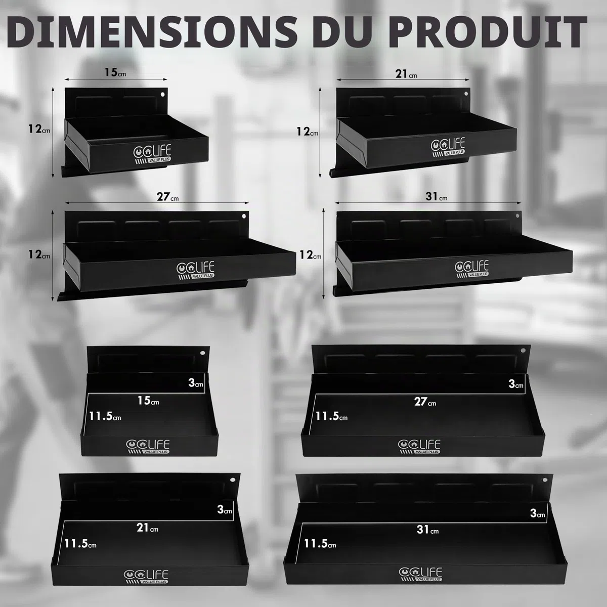 CCLIFE Lot de 4 étagères magnétiques pour Atelier - Longueur : 150-210-270-310 mm