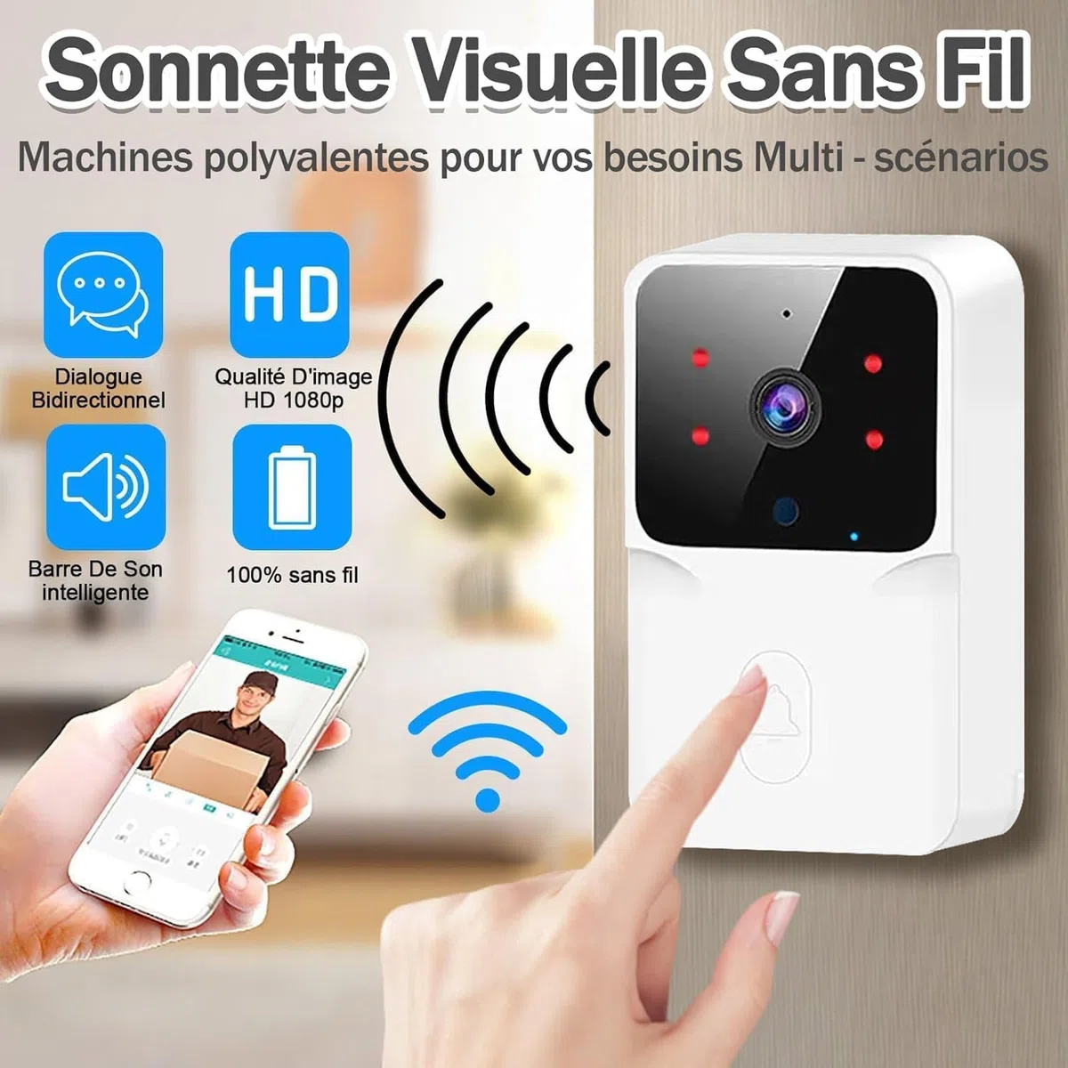 Sonnette sans Fil Extérieure Étanche,Sonnette Vidéo sans Fil avec Caméra,1080P Surveillance WiFi de Vision Nocturne HD,Audio Bidirectionnel, Alertes de Détection Humaine (Small)