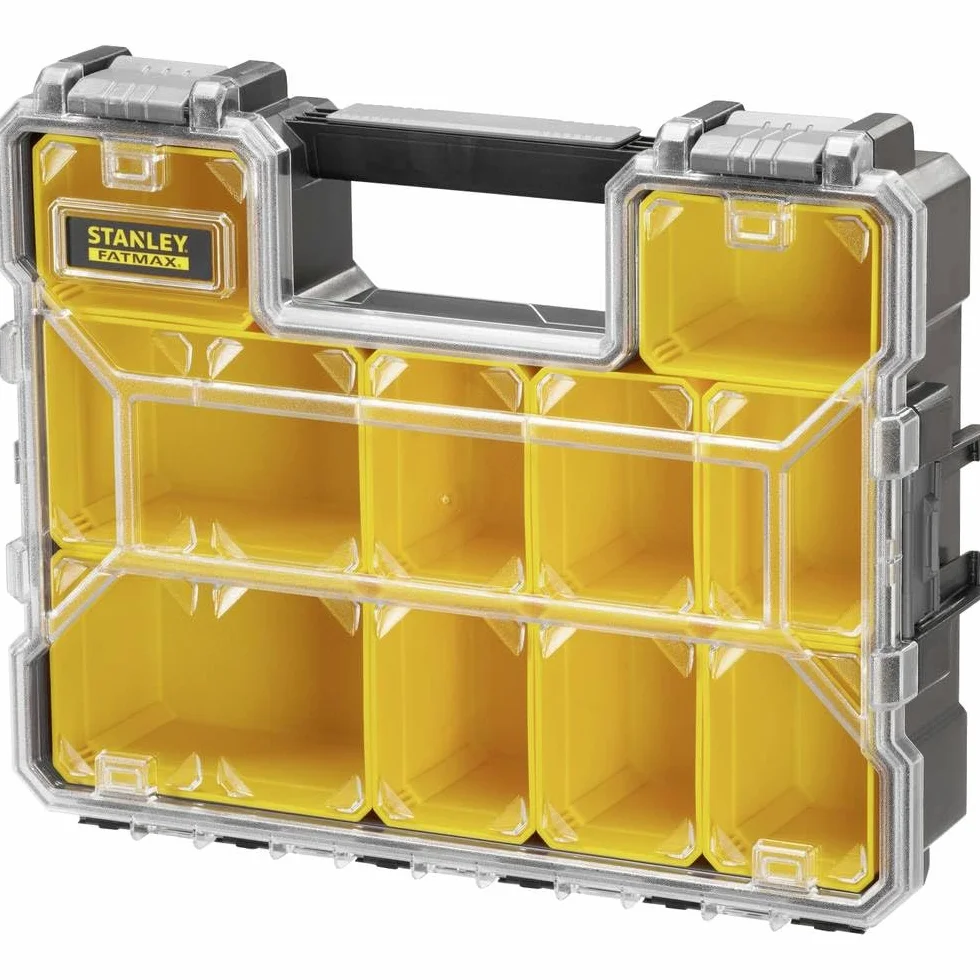 STANLEY 1-97-521 Rangement Organiseurs et Casiers Gamme FATMAX - Polycarbonate Incassable - 10 Compartiments Amovibles Peu Profonds - Étanche - Poignée de Transport - Capacité 3.5L