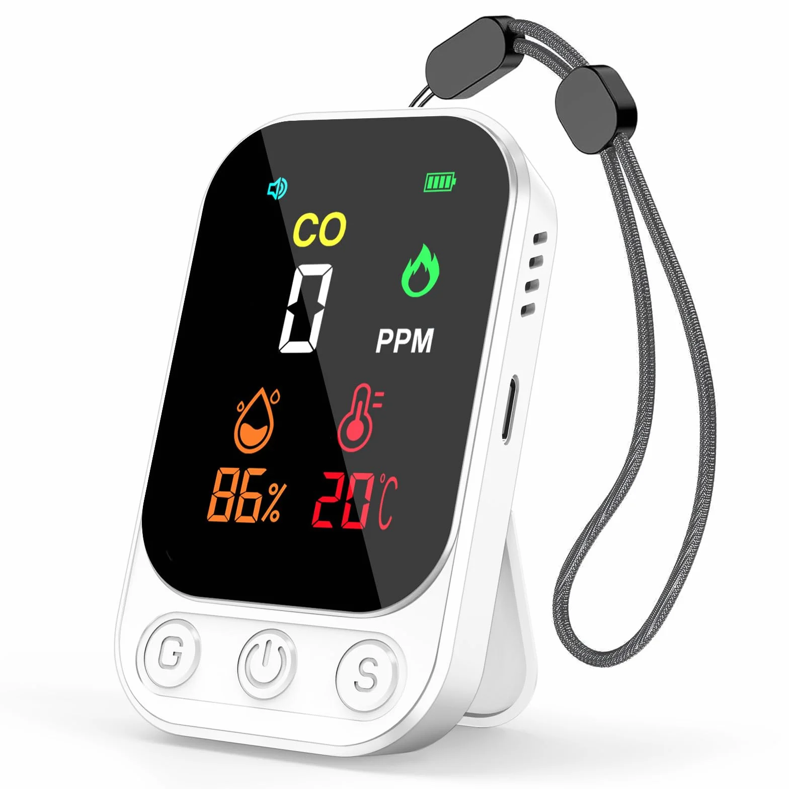 RealPlus Détecteur de Monoxyde de Carbone 3-en-1 - Détecteur CO, Température et Humidité avec Alarme de 85 DB, Portable, Rechargeable, Support et Trou de Fixation pour Maison, Voyage et Bureau