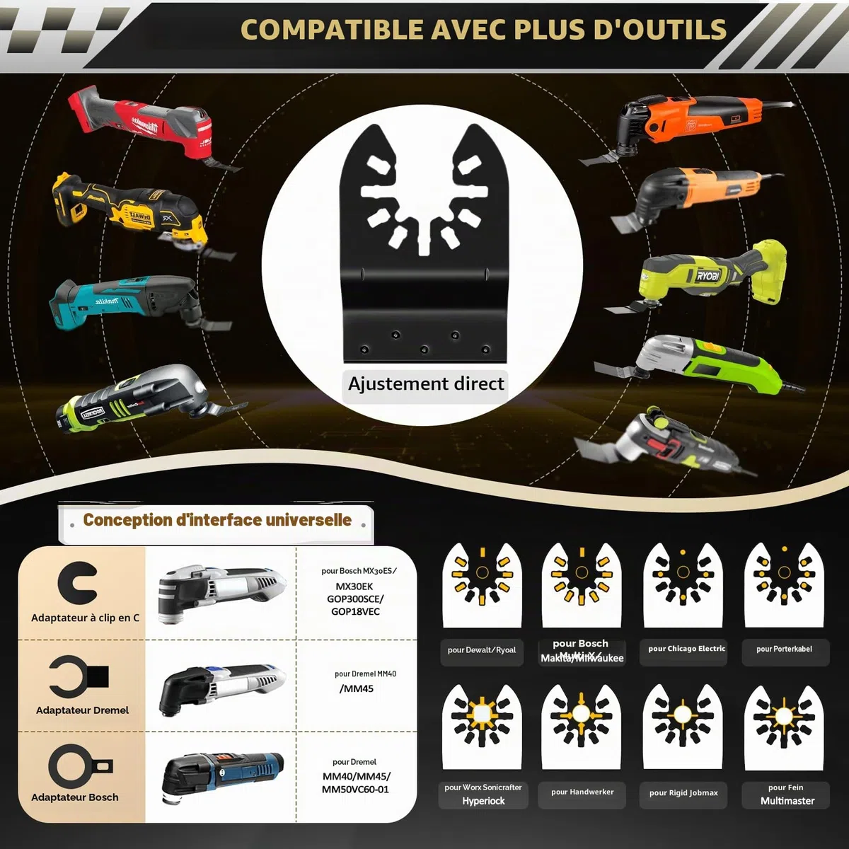 Set de 31 lames multi-outils, ensemble d'accessoires pour outils multiples pour bois, plastique, métal, set de lames oscillantes compatible avec Einhell Makita DTM51Z Dremel Parkside Bosch et