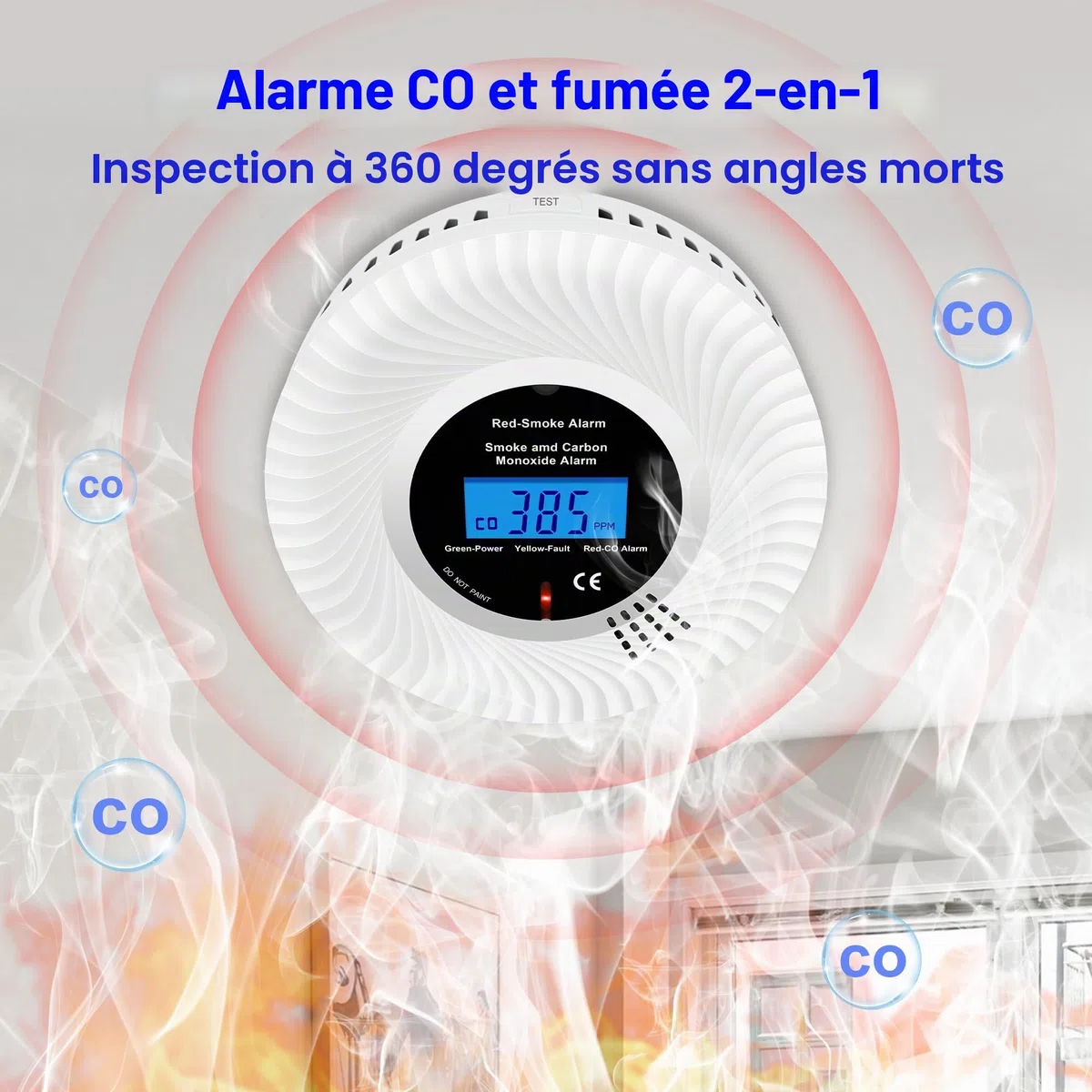 Détecteur de Fumée et de Monoxyde de Carbone Combiné avec écran LCD et Batterie Pendant 10 Ans, Détecteur de Fumée et Capteur de Monoxyde de Carbone avec Test/Muet, Lot de 1