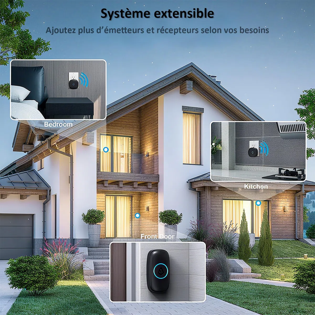 SECRUI Sonnette Sans Fil Exterieur Etanche, Doorbell Avec 2 Récepteurs + 1 Émetteur À Pile, 58 Mélodies Carillon, 5 Niveaux Volume 120 dB, LED, 300m Longue Portée Sonette Pour Maison,Appartement, Noir