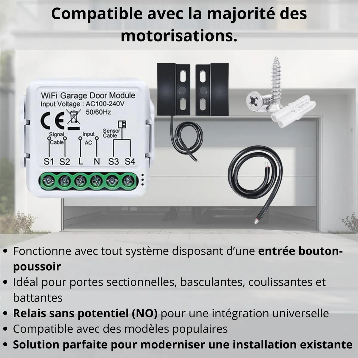 Sone Smart One Ouvre Porte de Garage Connecté WiFi 2.4GHz – Module WiFi Portail Électrique avec Capteur d’Ouverture 480cm – Tuya Smart Life, Alexa, Google Home, Home Assistant – 230V