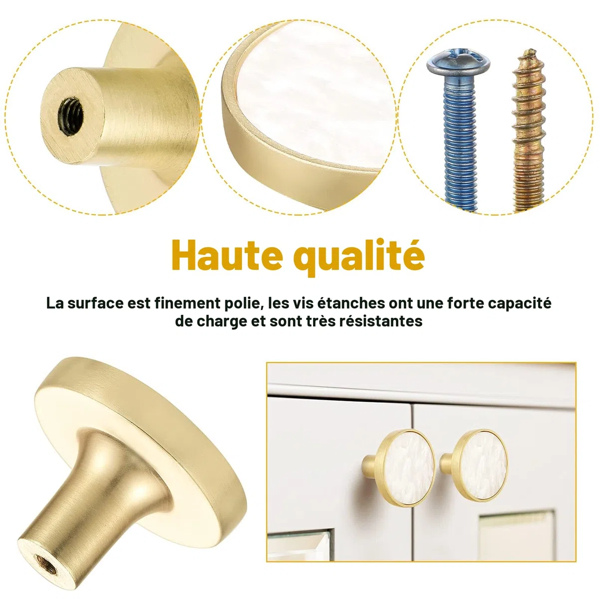 Kyrio Lot de 8 boutons de placard en laiton et marbre ronds blancs - Poignées décoratives pour tiroirs, armoires, meubles de cuisine