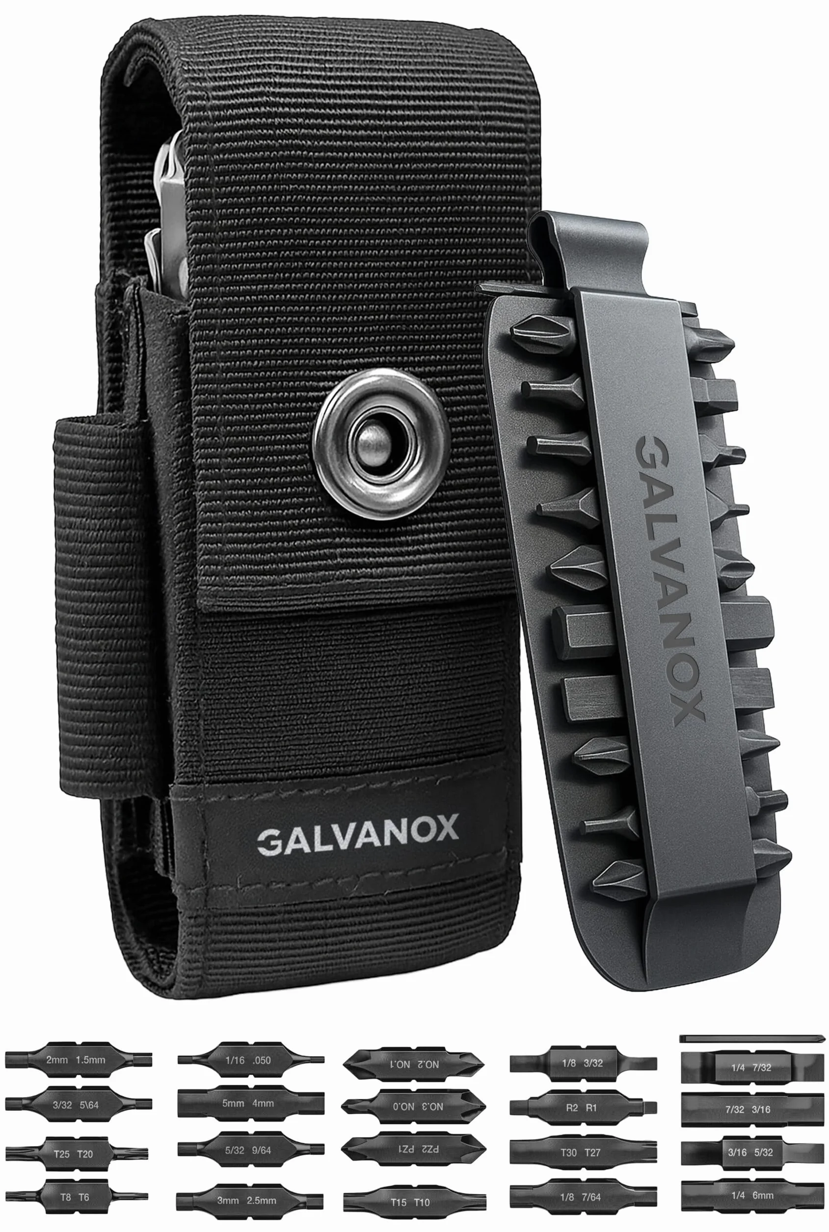 GALVANOX Étui Nylon pour Multitool Compatible Leatherman avec 21 Embouts Tournevis Plats et Support – Holster Ceinture avec Poches, kit Inclus (4"–4,5")