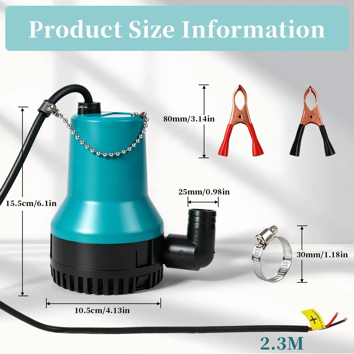 Pompe immergible 12V Pompe à eaux usées DC 50W 4200L/H – Pompe submersible compacte pour piscine, étang à poissons, bassin | Câble 2,3 m + Collier de serrage