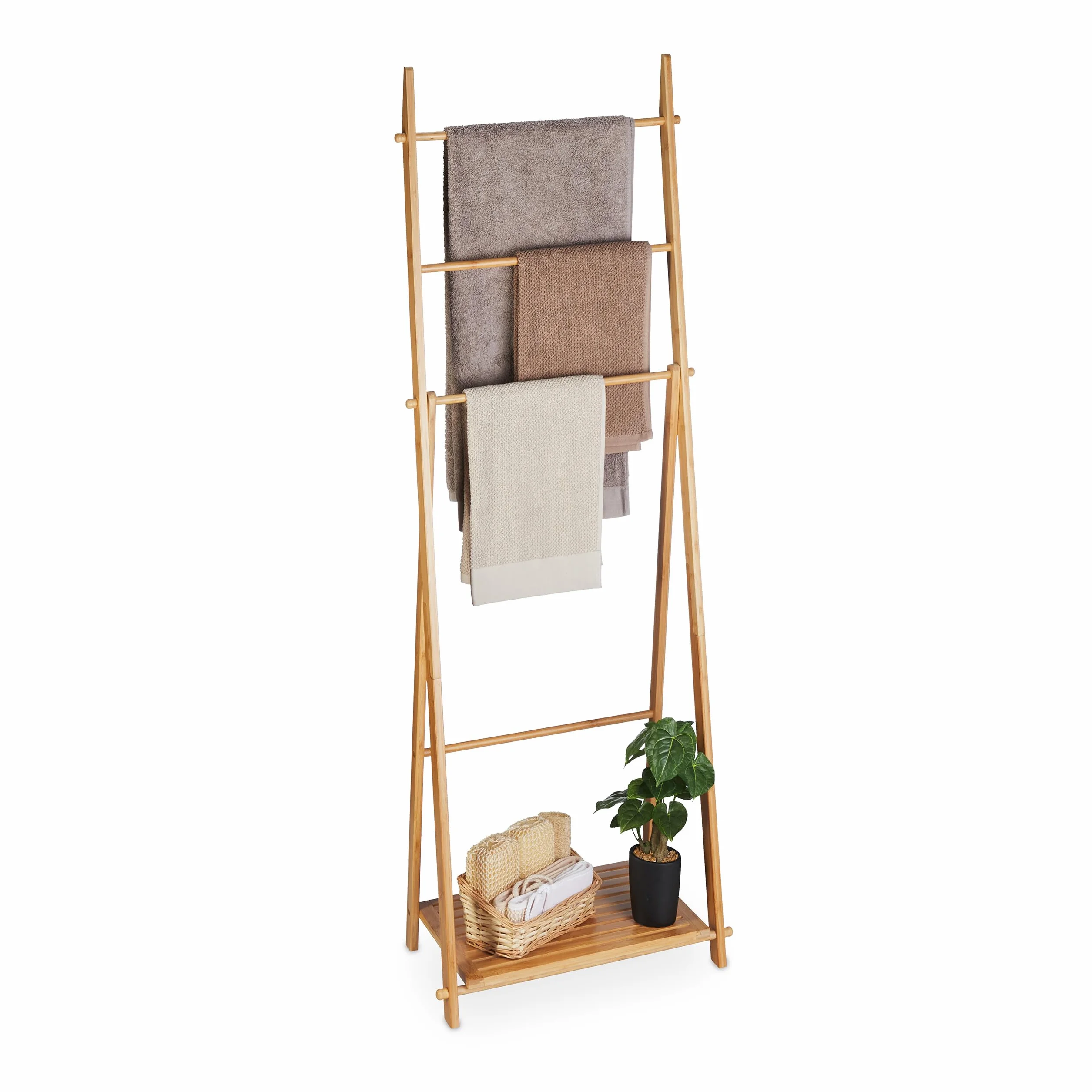 Relaxdays Porte-Serviettes en Bambou, 4 Barres, 1 étagère, HxLxP : 153 x 53,5 x 30 cm, Non Fixe, Salle de Bain, Nature