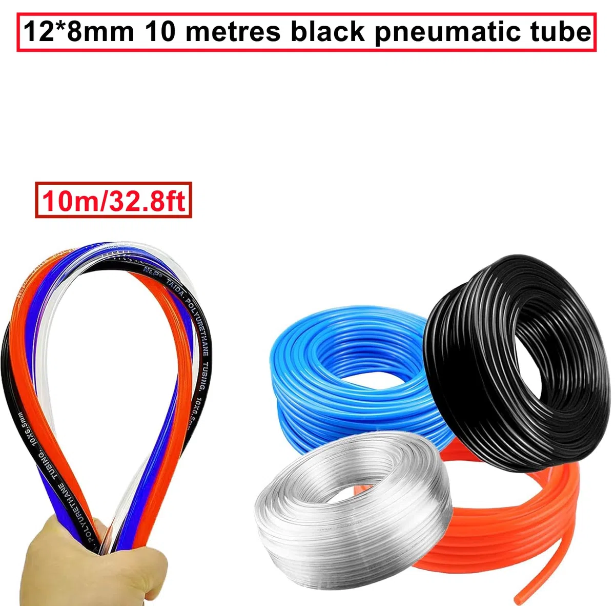 10 Meter Noir Pneumatique Tuyau Air Comprimé,Polyuréthane PU Air Tuyau Kit 12mm OD x 8mm ID 32.8ft,avec 14 Connecteur Pneumatique (Y/T/L/I)
