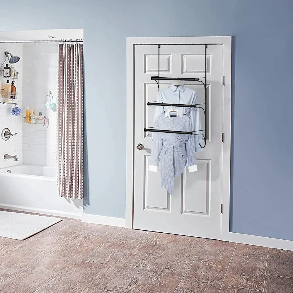 Porte-serviettes 3 couches en acier indestructible télescopique pour porte et mur - Porte-serviettes de salle de bain sans perçage - Barre pour serviettes pour salle de bain et douche, Noir