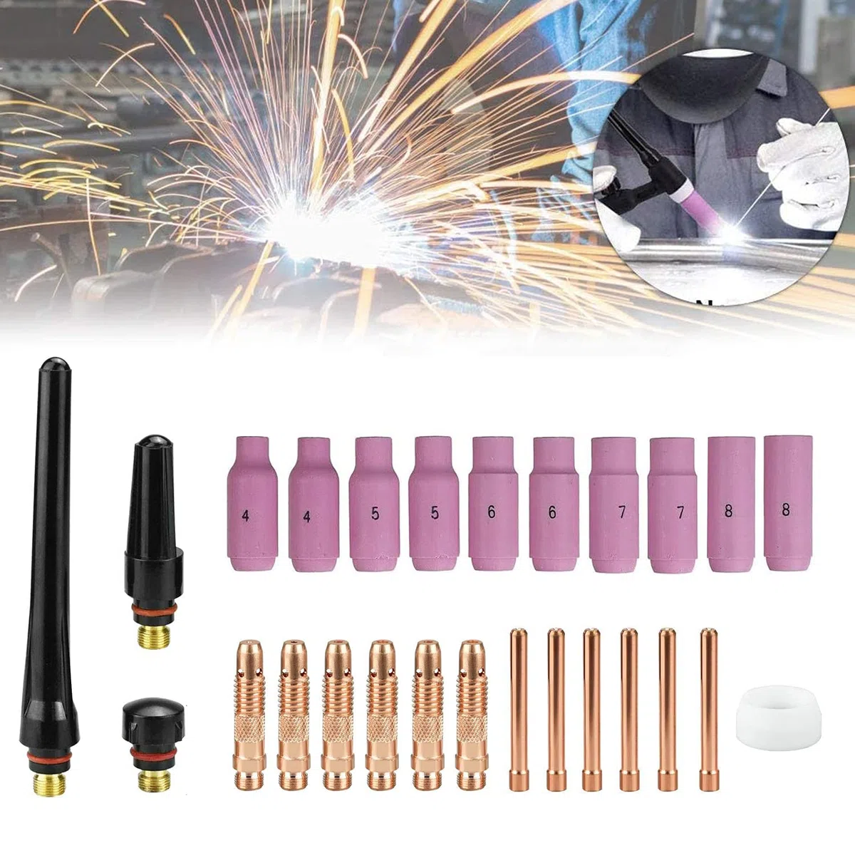 Kit Torche 26Pcs Tig Accessoire Soudage Pour Poste a Souder Buse Tig WP 17/18/26 TIG Torche Soudage,Accessoires de Soudage TIG avec Buse en céramique à Collet Corps Capuchon Arrière