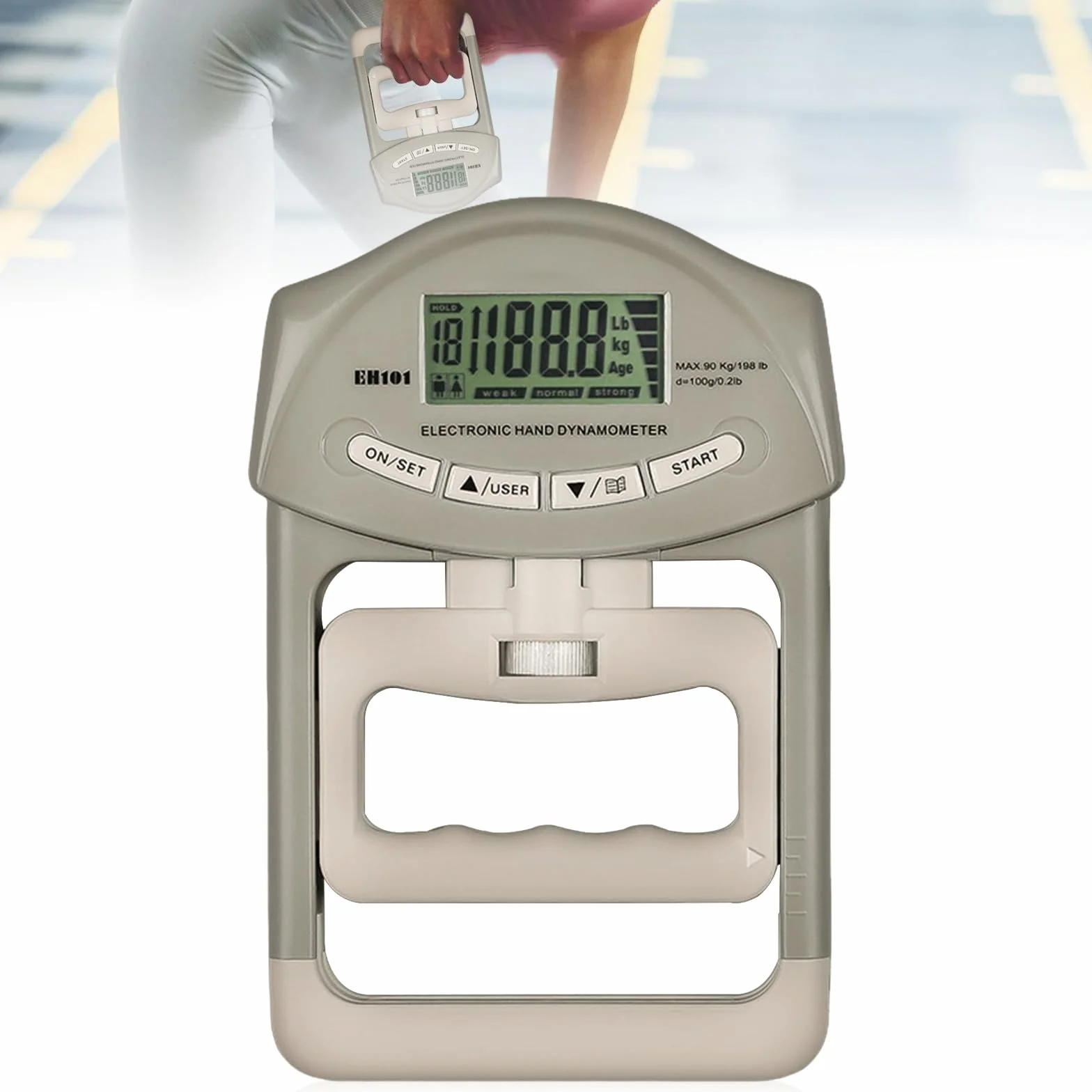 Powermètre numérique à main, 90 kg, dynamomètre manuel gris avec 19 jeux de plaques individuelles, entraînement de force de préhension électronique et grand écran LED