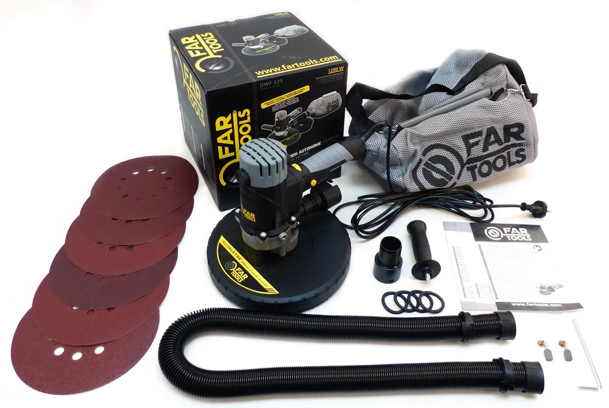 Fartools Ponceuse murale plâtre 1200W Ø225mm, auto-aspirante, 1400-3100tr/min, fixation autoagrippante, collecteur de poussières, flexible 2m