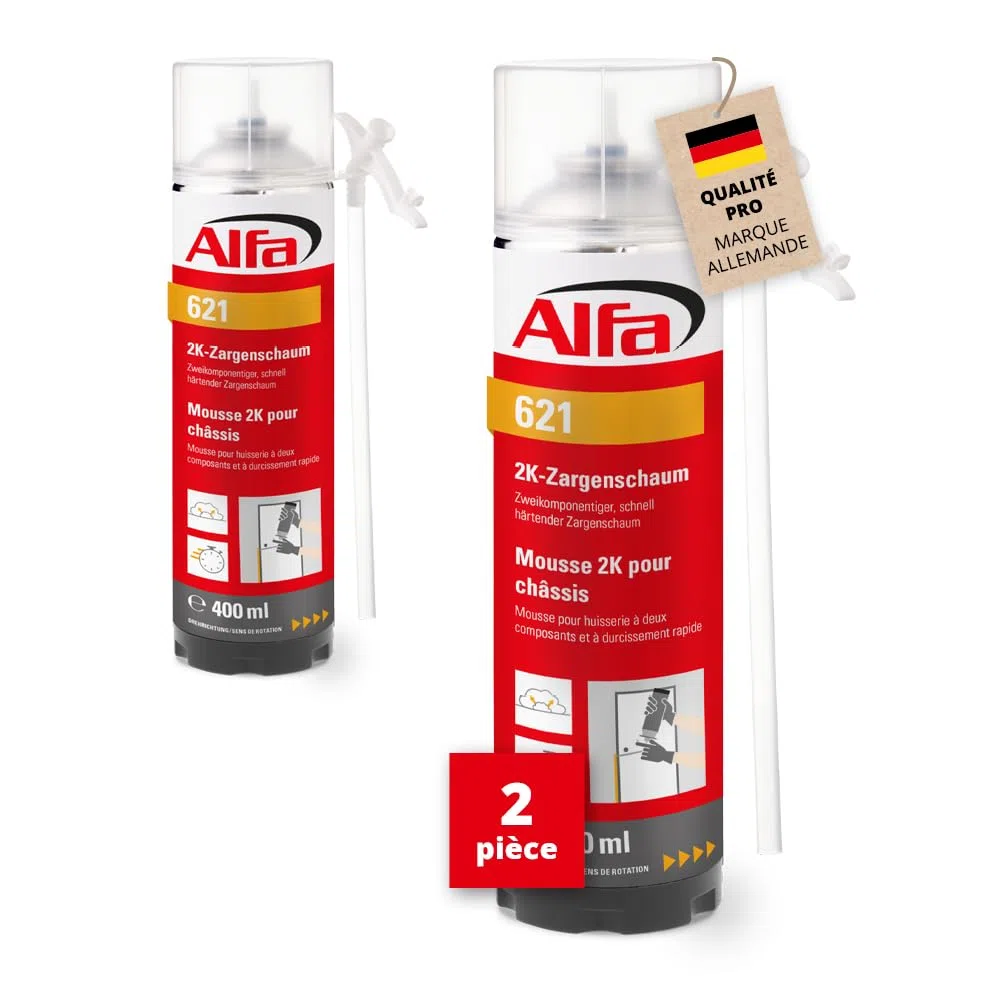 621 ALFA - Mousse PU expansive bi-composants 400ml manuelle pour châssis, 2 pièces, à durcissement rapide, rendement du volume 12-14 l (une fois posé)
