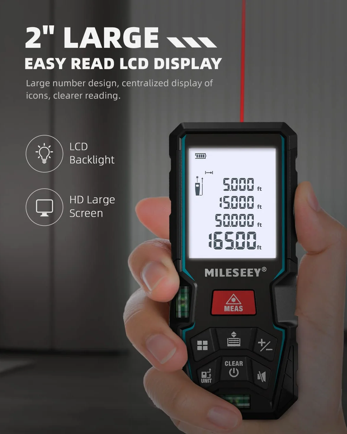 MiLESEEY Télémètre Laser 50M, Mètre Laser avec 2 Niveaux à Bulle, Précision de ±2mm, Écran LCD Rétroéclairé et Mode Pythagore, Mesure la Distance, la Surface et Le Volume, en Intérieur