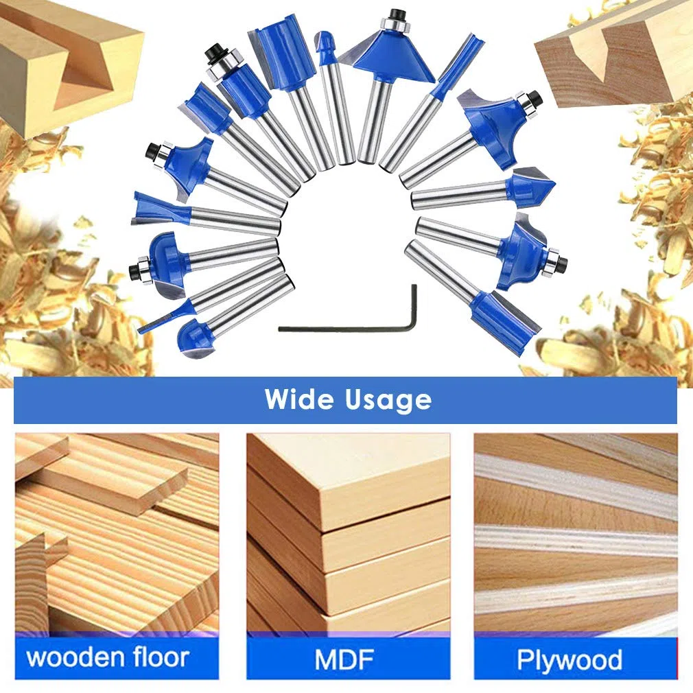 15 pièces Bits de routeur, 1/4 "(6,35 mm) Jarret Tungstène Carbure Outil de coin de coin, Langue de foret de cannelure pour Aggloméré, Fraisage du bois Coupeur, Fraise Defonceuse, Chanfrein Bit