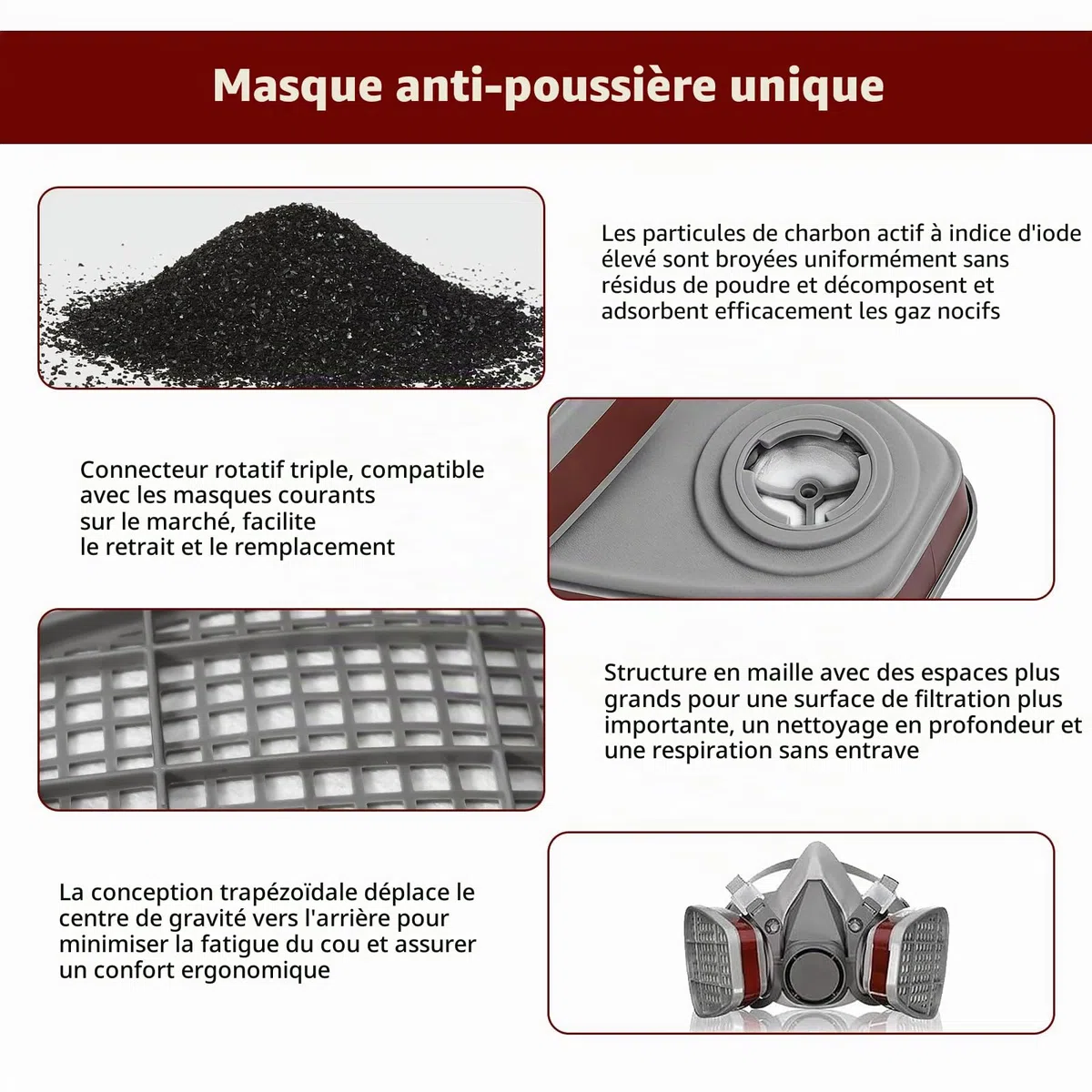 10 filtres pour masque a cartouche, 6001 pour masque de peinture, cartouches Organic Vapor, filtre chimique contre la poussière, les gaz, les vapeurs organiques, avec 6100/6200/7501/7502/6502/6800