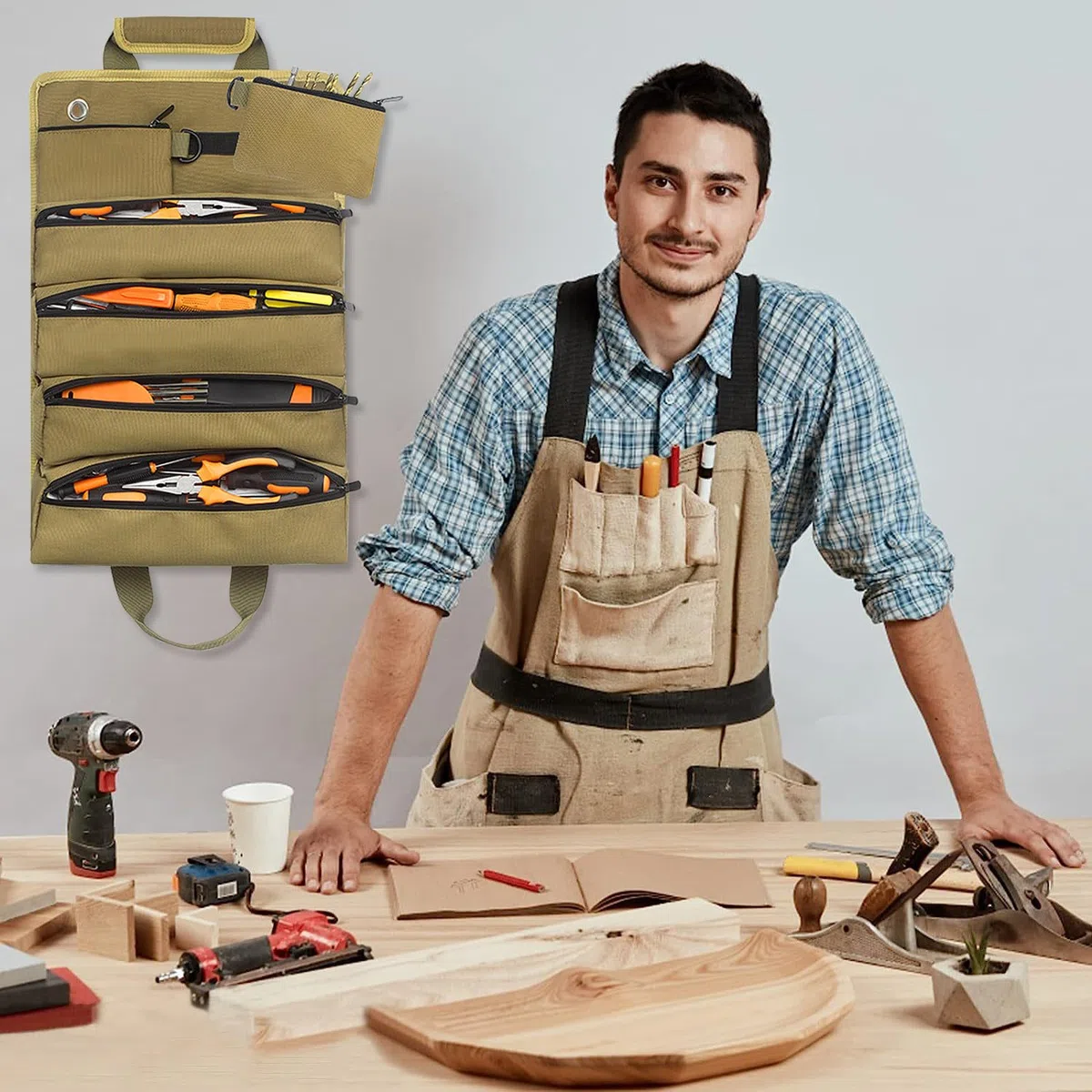 Sac à Outils Enroulable Trousse a Outils Sacs Porte-Outils Moto avec 5 Poches à Fermeture Éclair pour Ménage Charpenterie Électricien Voitures