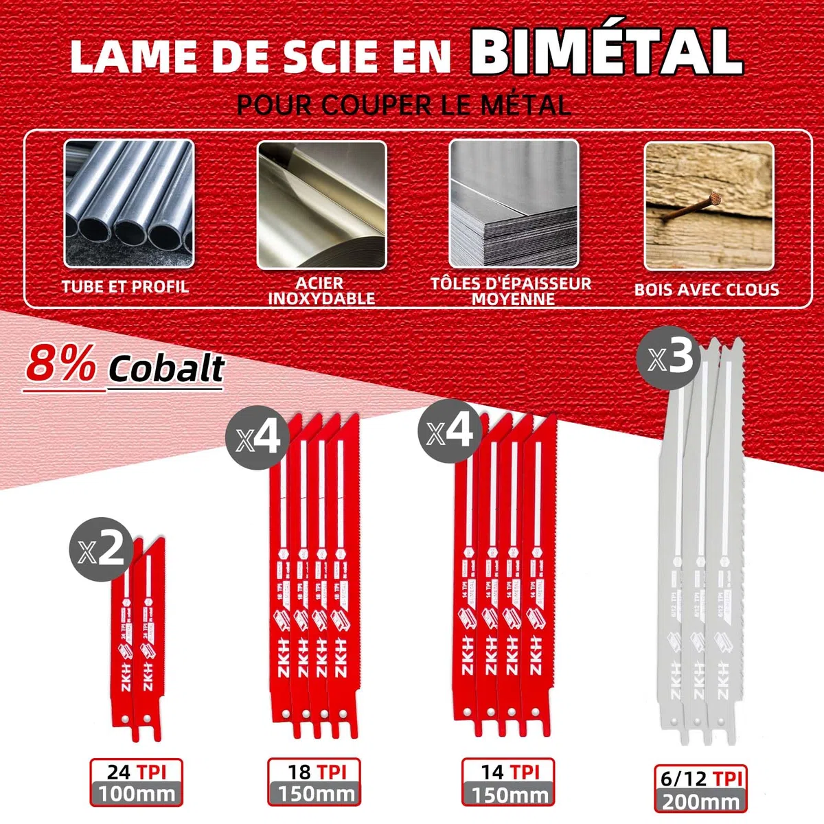 ZKH Lames de Scie Sabre 35PCS, 13pcs BI-MÉTAL et 22pcs CRV, Jeu de Lames de Scie Sabre pour Couper le Bois, le Métal, l'Acier, Scie Sabre pour des Coupes Rapides et Nettes avec Sacoche de Rangement