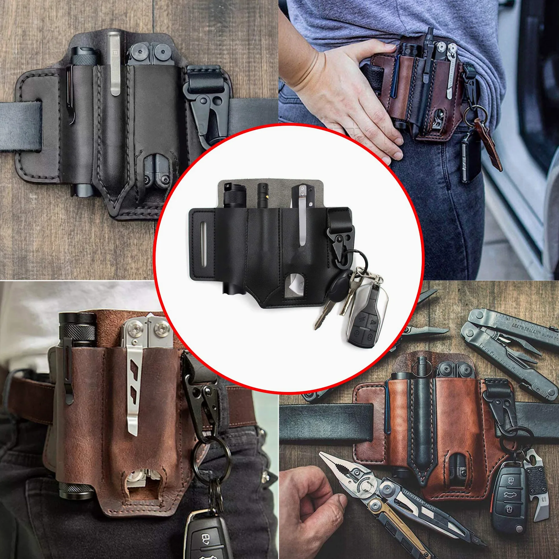 Organisateur de Gaine en Cuir EDC, Gaine Multifonction Taille Boucle de Ceinture avec Porte-clés, Organisateur de Poche avec Porte-Stylo, Gaine de Lampe de Poche, Outils de Camping en Plein air