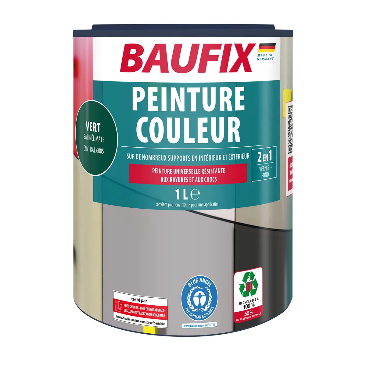 Baufix PEINTURE COULEUR 2en1 - Vert env. RAL 6005-1 litre - Pour l’intérieur & l’extérieur - Pour bois, zinc, fer, maçonnerie, béton, plaques en Eternit etc. - Séchage rapide