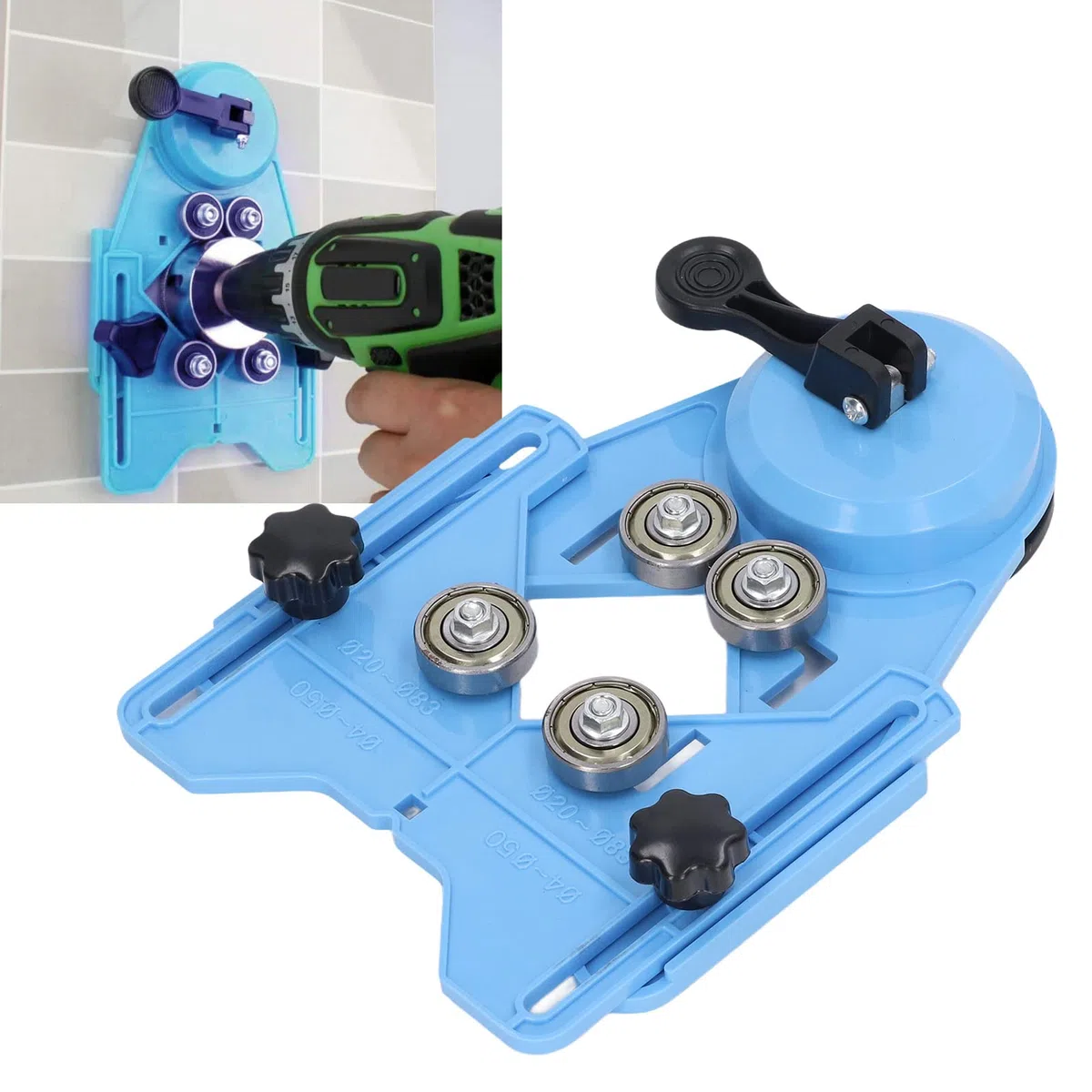 Gabarit de Guidage de Scie Cloche, Positionneur de Guide de Perçage de Trou de Carrelage électrique Fixe Bleu Boîtier en ABS avec Roulement en Acier Stable avec Ventouses pour la Décoration