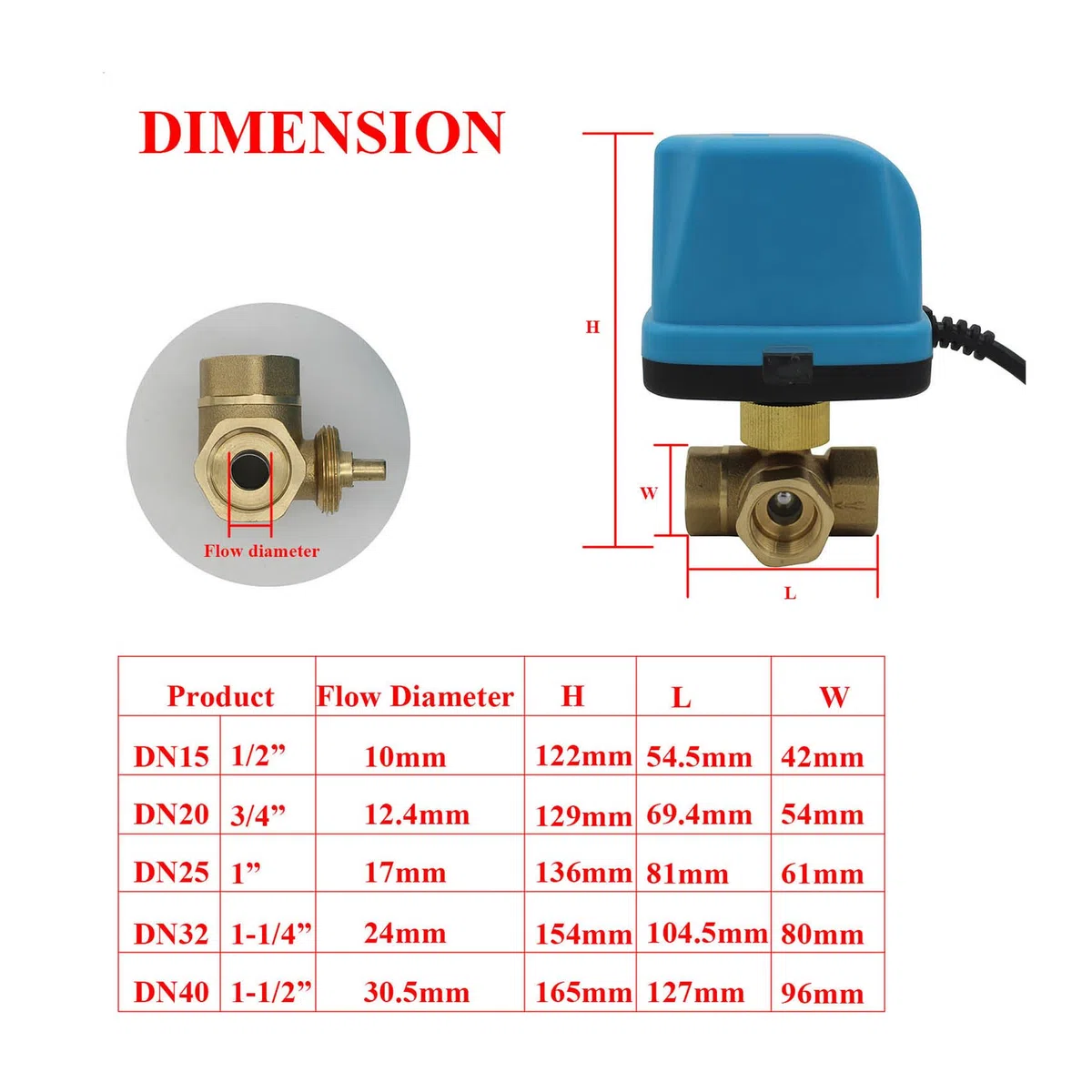 Vanne motorisée 3 voies 1/2" 3/4" 1" 1-1/4" 1-1/2" - DC 5V 12V 24V - T type - DW-0104