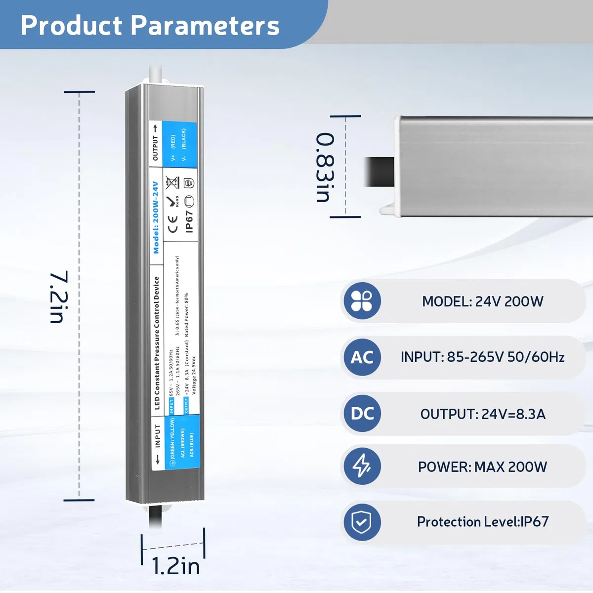 YOODI Transformateur 220V AC à 24V DC 8,3A 200W Convertisseur 24V Alimentation LED Driver IP67 Etanche Conducteur à Tension Constante Ultra Mince Adaptateur Transfo pour Bandes LED et Luminaires LEDs