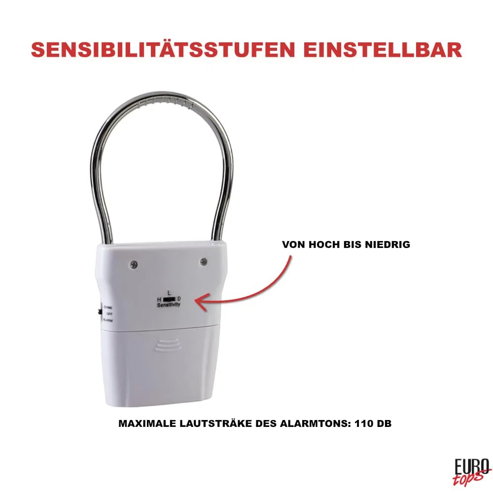 EUROtops Alarm électronique pour poignée de porte – Lot de 2, Alarme de porte et fenêtre avec 110 dB/Carillon, 1500 heures d'autonomie de la batterie, capteur tactile pour la maison/chambre d'hôtel