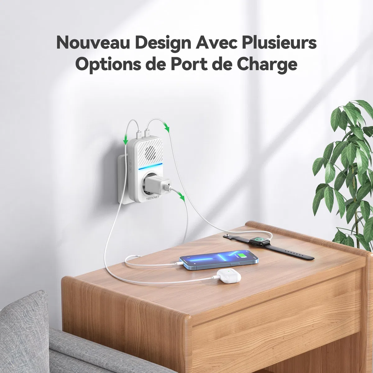 TECKNET Sonnette sans Fil, 400M Sonnette de Porte sans Fil Auto-alimentée, IP65 Étanche Carillon Electronique, Kit de Carillon avec Prises USB Externe et Lumière LED, 60 Mélodies, 5 Niveaux Volumes