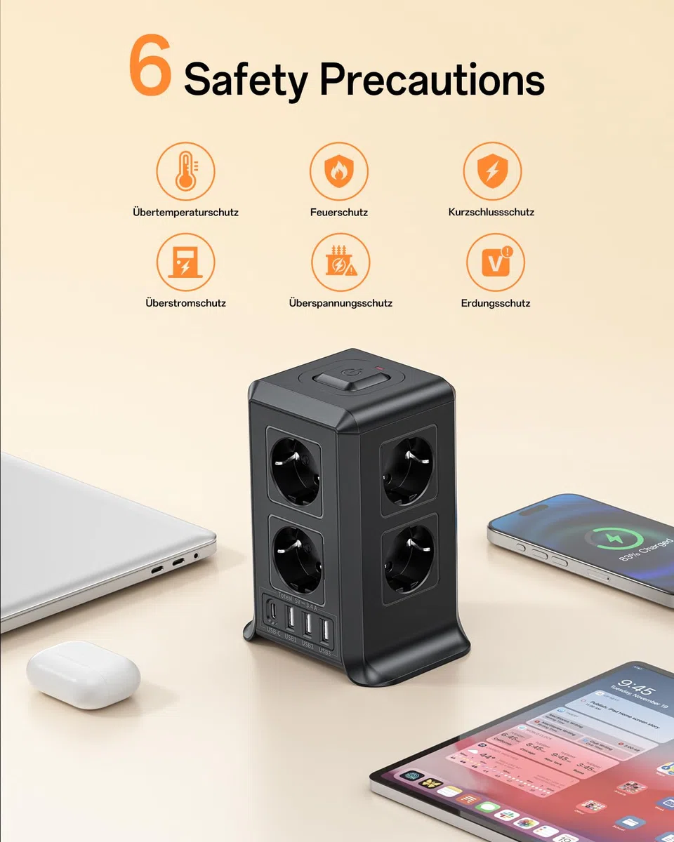 Multiprise avec Interrupteur, Multiprise Parafoudre et Surtension with 8 Sortie AC and 4 USB Ports, pour Le Bureau, Salon, Chambre à Coucher