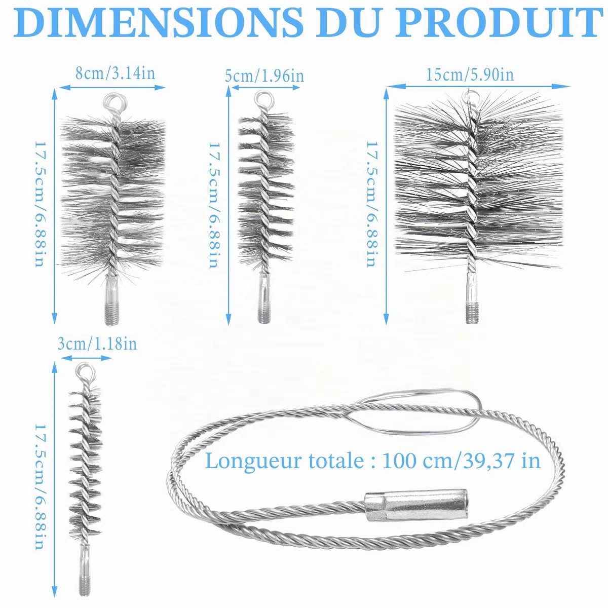 Kit de Hérisson Ramonage 5 en 1 pour Poêle à Granulés et Conduits, Hérisson Nettoyage Gaines Souples/Tuyaux, 5 Brosses Métalliques Anti-Rouille