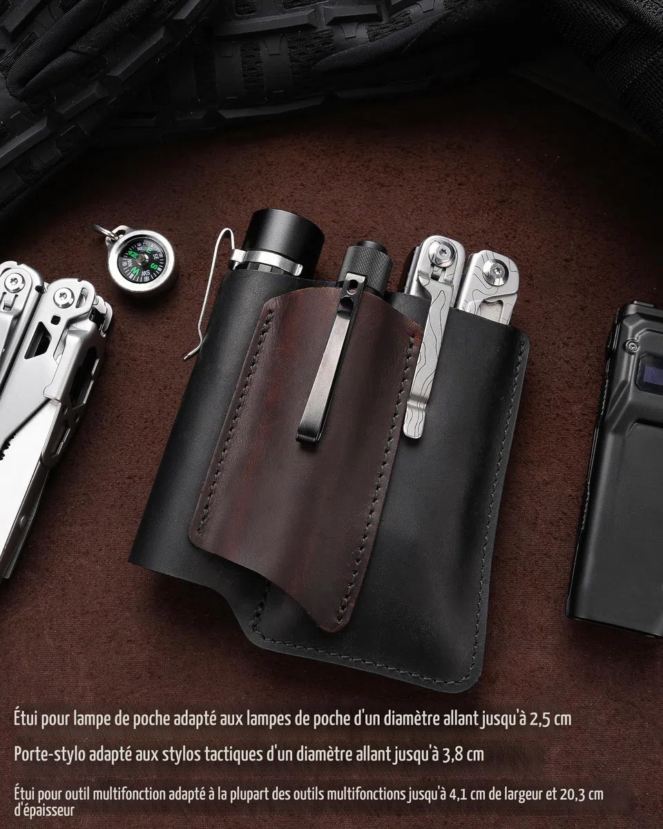 Étui EDC en Cuir VIPERAED PJ38, étui Multifonction en Cuir à 4 Poches, étui EDC Portable pour Homme, Lampe de Poche, Stylo, Couteau de Poche Pliable, Outil Multifonction