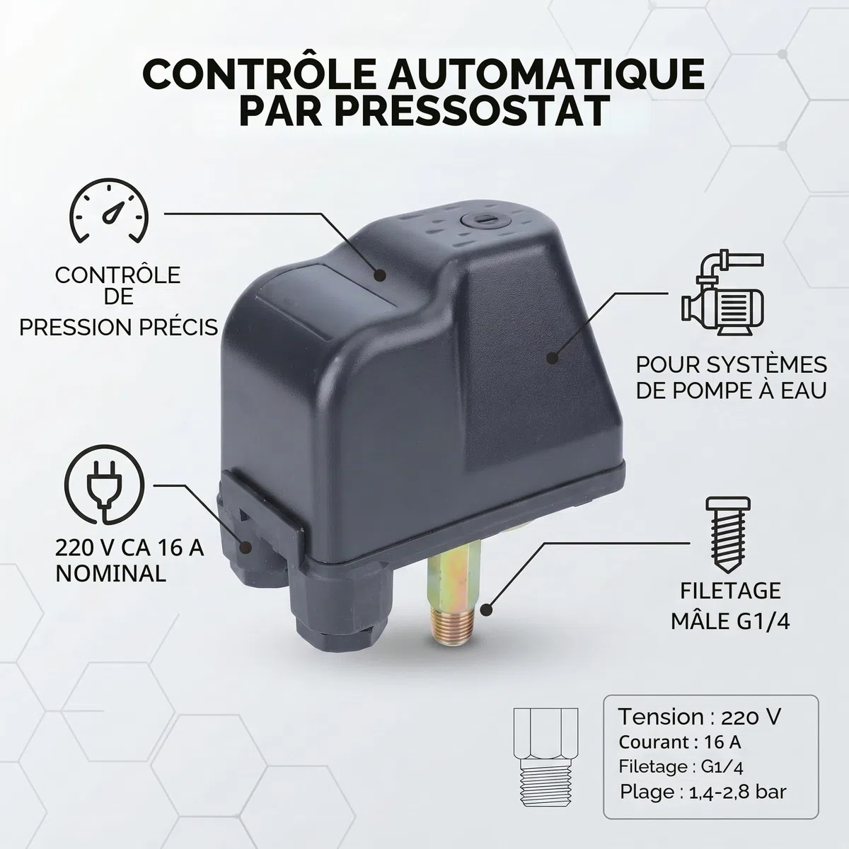 Pressostat Pompe, Filetage Extérieur G1/4 Tension 220 V Convient pour Les Pompes à Jet d'eau Les Pompes Automatiques et Les Pompes à Pression, Capteur scellé en Acier Inoxydable