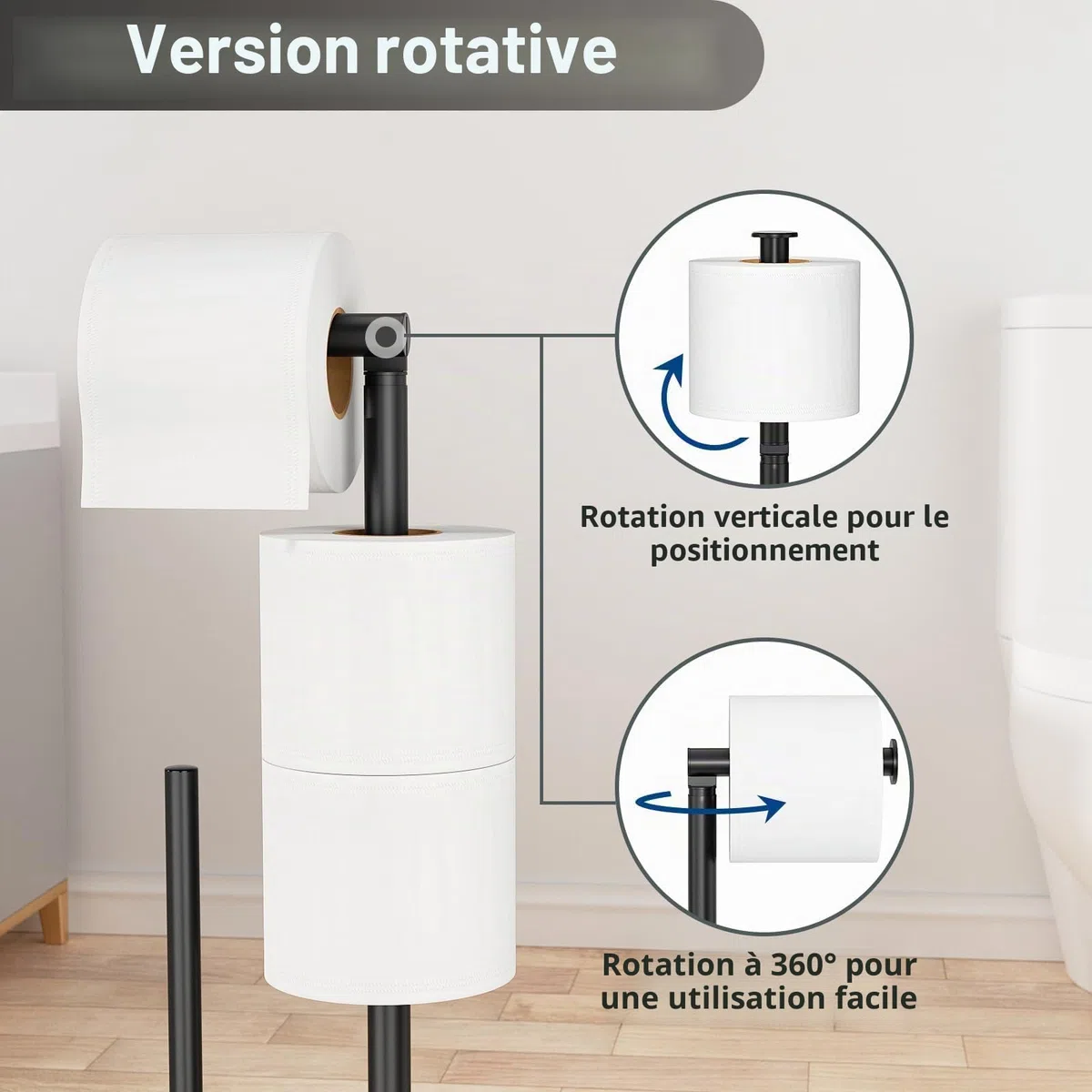 Porte Papier Toilette avec Brosse WC - Porte Rouleau Debout en Acier Inoxydable, Dérouleur Papier Aucun Perçage Requis (Noir Mat)